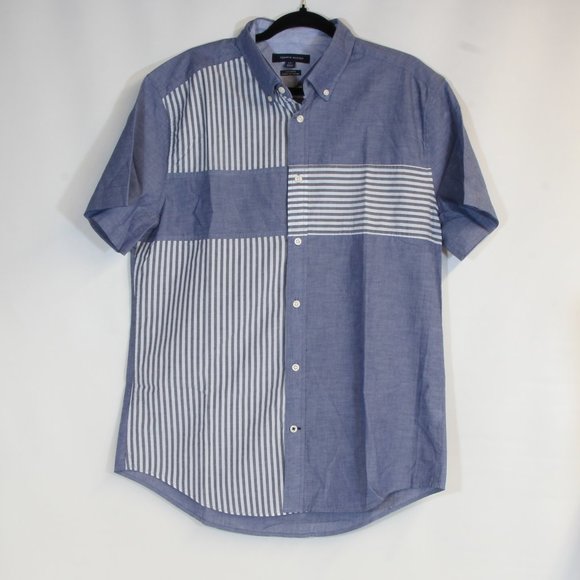Tommy Hilfiger Custom Fit Large Blue White Button Down Short Sleeve Shirt NWT - Picture 2 of 6